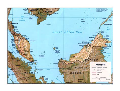 Large political map of Malaysia with relief, roads, railroads and major ...