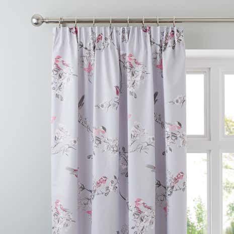 Beautiful Birds Grey Pencil Pleat Curtains | Dunelm