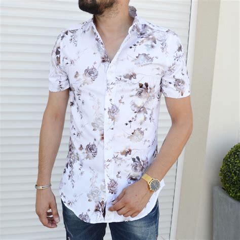 Chemise Homme Manches Courtes Blanche Mario Milano Avec Fleurs Coupe