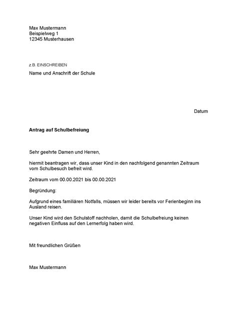 Antrag Auf Schulbefreiung Pdf Vorlage Convictorius