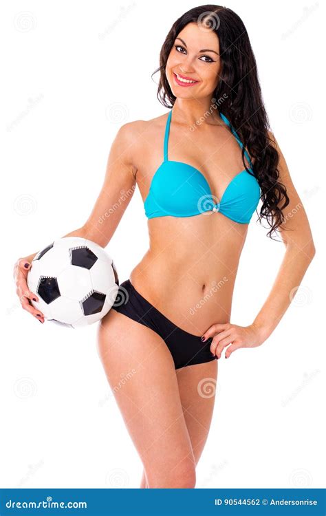 Ragazza Pon Pon Con Un Pallone Da Calcio Giovane Donna Castana Sexy