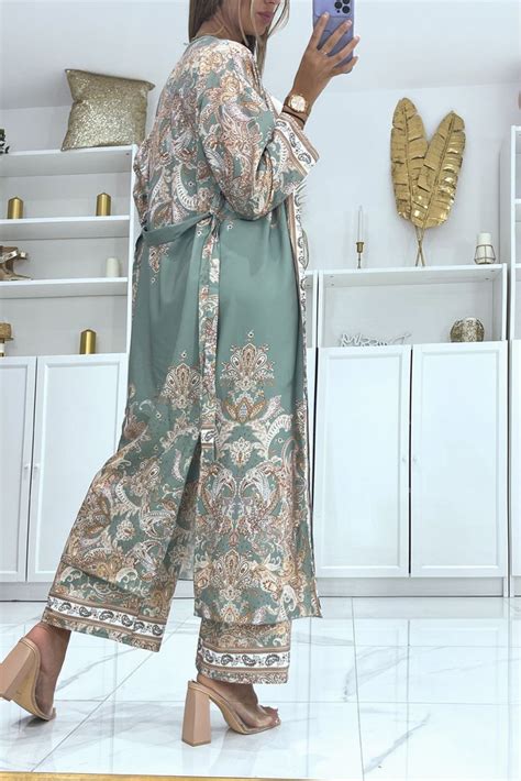 Ensemble Kimono Et Pantalon Fluide Vert D Eau Motif Oriental