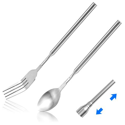 Extendable Spoon Fork Stainless Steel Retractable Long Fork Telescopic