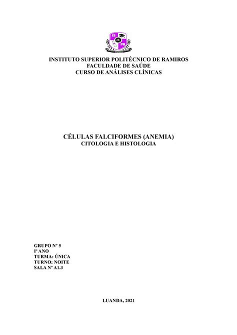 Anemia Falciforme Trabalho Elaborado INSTITUTO SUPERIOR POLITÉCNICO