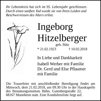 Traueranzeigen Von Ingeborg Hitzelberger Trauerportal Ihrer Tageszeitung