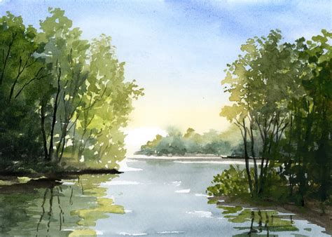 River Landscape Watercolor Painting Nature Print Summer Landscape Poster Country Landscape Print ...