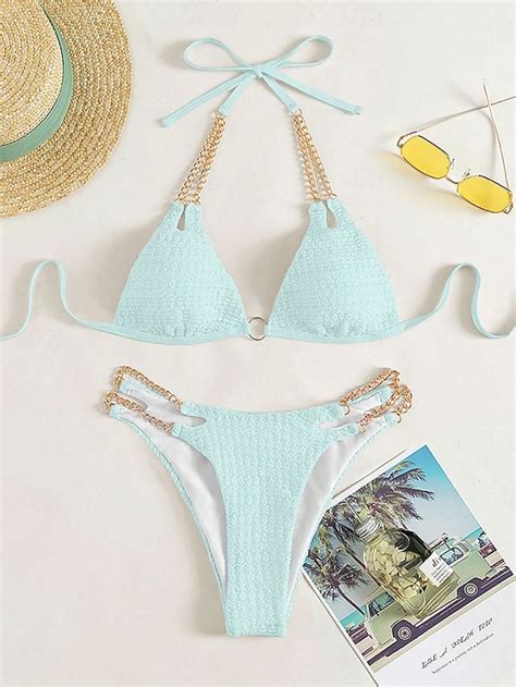 Women S Swimwear Bikini 2 Piece Cheeky Swimsuit Backless Slim Vacation Beach Wear Solid Color