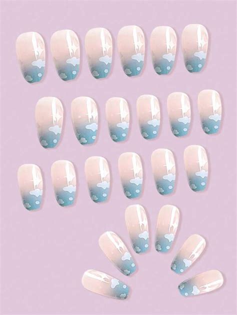 Transform Your Nails With 24pcs Long Coffin Cloud Star Gradient Print Fake Nail And 1pc Nail File