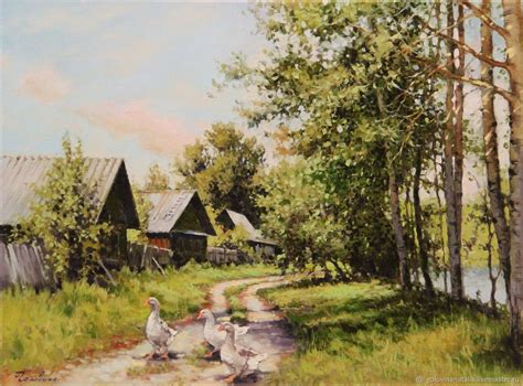 Купить Картина маслом, деревенский пейзаж - зеленый, картина маслом в ...