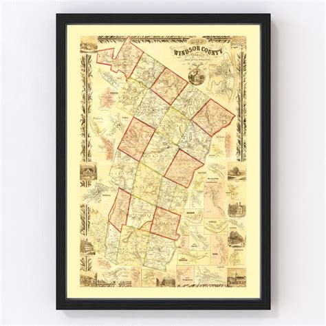 Vintage Map of Windsor County, Vermont 1855 by Ted's Vintage Art