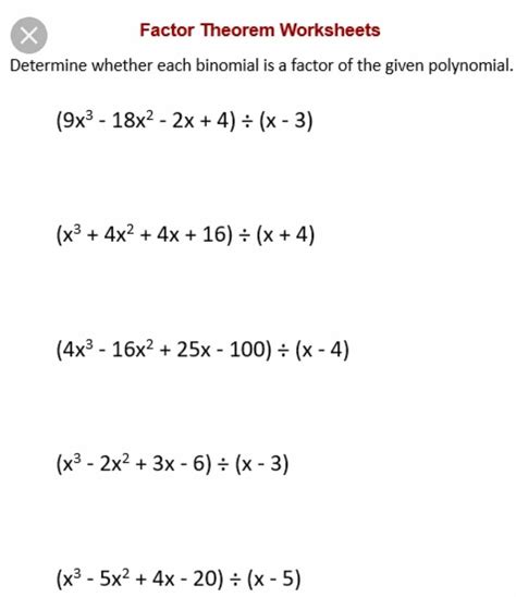 Solved Factor Theorem Worksheets Determine Whether Each Binomial Is A