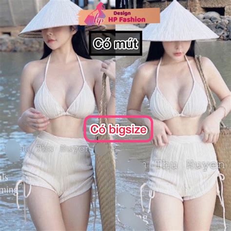 Bộ bikini quần đùi áo cột yếm hở lưng có mút set đồ bơi đi biển màu đen trắng áo tắm tôn dáng