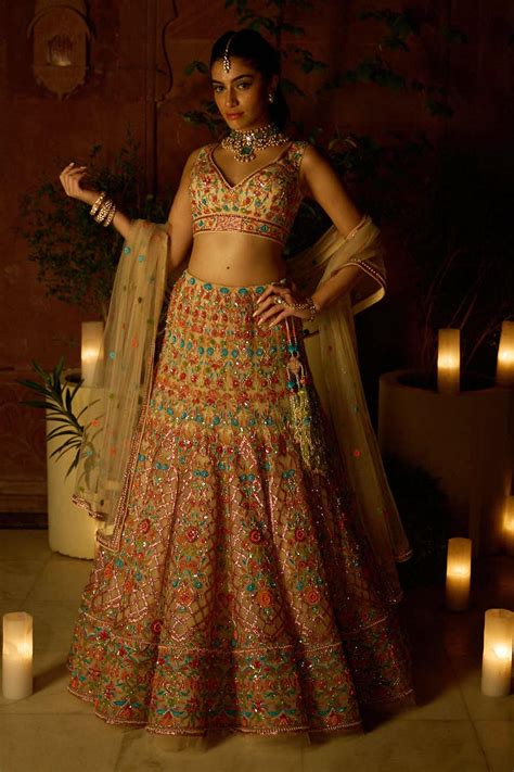 Buy Reynu Taandon Peach Soft Net Floral Embroidered Lehengas Set Online