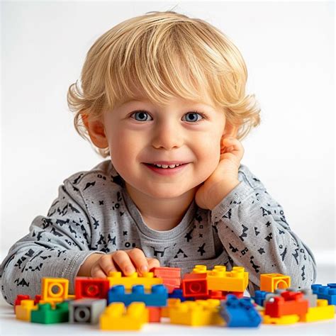 boy   big smile  playing colorful blocks premium ai