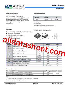 WSK140N06 Datasheet PDF Shenzhen Guan Hua Wei Ye Co Ltd