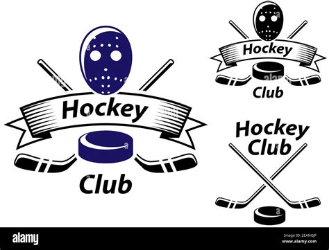 Ice Hockey Emblems And Symbols With Goalie Mask Sticks Ribbon And