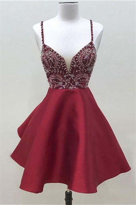 Modest Spaghetti Straps Short A Line Beading Satin Burgundy Homecoming