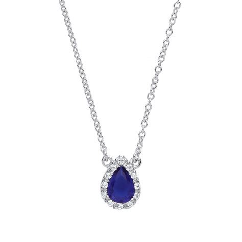 Rhodium Plated Silver Mineral Sapphire And Cubic Zirconia Tear Drop