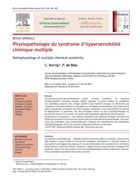 Pdf Physiopathologie Du Syndrome Dhypersensibilit Chimique Multiple