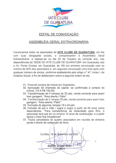 Edital De Convoca O Assembl Ia Geral Extraordin Ria Iate Clube