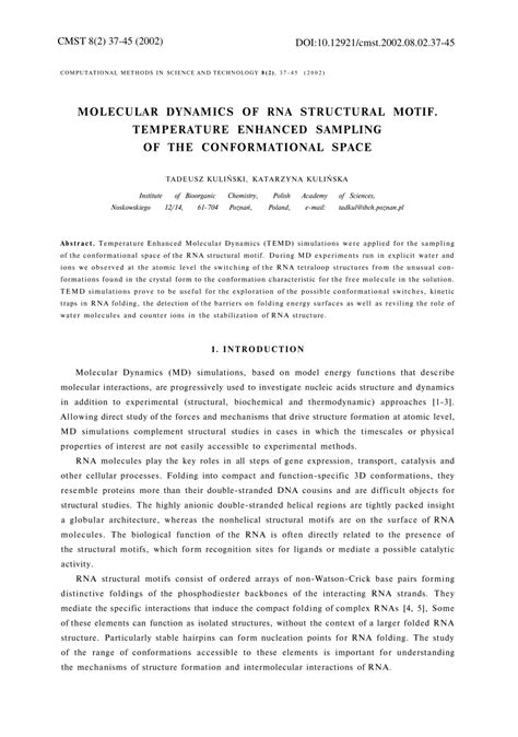 Pdf Molecular Dynamics Of Rna Structural Motif Temperature Enhanced