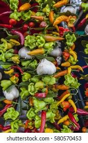 Hanging Bunches Garlic Chili Pepper Herb Stock Photo