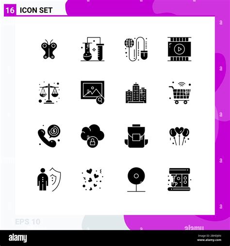 Group Of 16 Solid Glyphs Signs And Symbols For Video Design Journalist