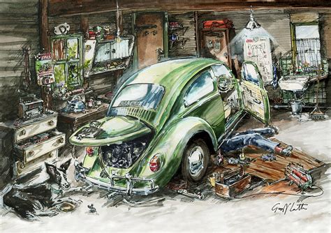 Graham Fixing His Green VW Beetle With Help From Teddy Painting By