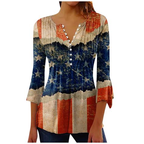 Paaisye American Flag Button Down Shirts For Women Sleeve July Th