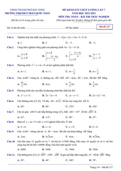 Đề khảo sát lớp 9 môn Toán lần 7 năm 2022 2023 trường Trần Quốc Toản