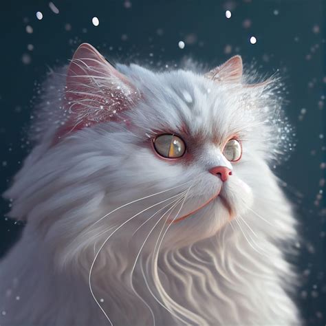 Gato Esponjoso Blanco Realista En La Nieve Fondo De Invierno Ia