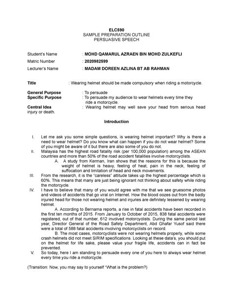 Elc Persuasive Speech Outline Elc Sample Preparation Outline