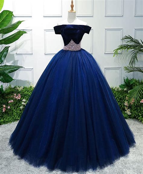 Dark Blue Tulle Off Shoulder Long Prom Dress Blue Sweet Dress