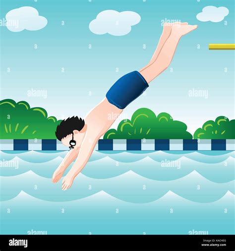 Ein Junge Ein Sprung Ins Wasser Im Schwimmbad Vector Illustration