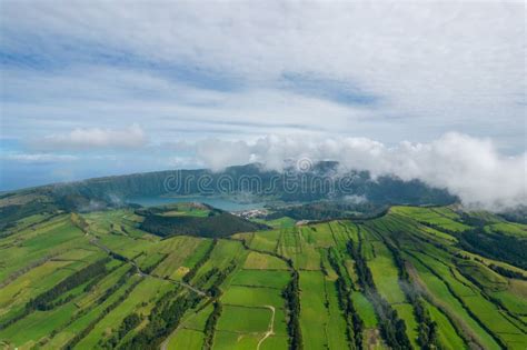 Aerial View Of The Volcanic Mountains And Lakes With Green Farmland Of