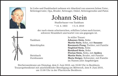 Traueranzeigen Von Johann Stein Trauer Merkur De