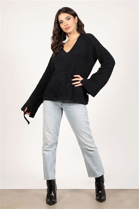 Black Sweater Lace Up Sleeve Sweater V Neck Sweater