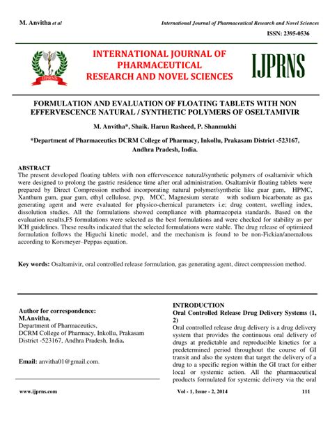 Pdf Formulation And Evaluation Of Floating Tablets With Non