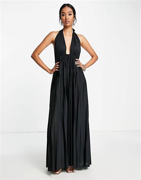 Asos Design Halter Pleat Maxi Dress In Black Asos