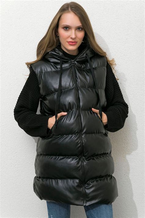 Puffy Designer Vest Leather Black Long Puffer Vest Women Puffer Vest Pattern 70s Puffer Winter