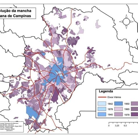 Mapa da evolução da mancha urbana de Campinas Fonte IBGE GEOMINAS