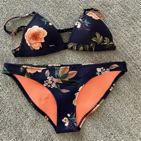 Triangl Navy And Orange Floral Bikini Never Worn Depop