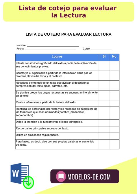 Lista De Cotejo Para Evaluar Lectura LISTA DE COTEJO PARA EVALUAR