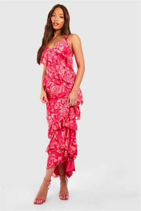 Tall Rose Floral Chiffon Ruffle Detail Maxi Dress Boohoo Usa