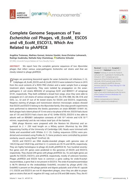 Pdf Complete Genome Sequences Of Two Escherichia Coli Phages Vb Ecom