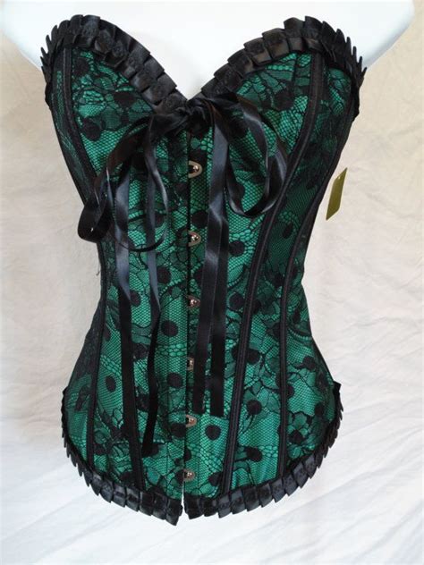 Green Satin And Black Lace Corset With Black Contrast Detail Hook Front Closure And Lace Up