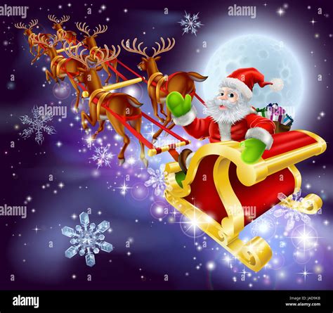 Christmas cartoon illustration of Santa Claus flying in his sled or ...