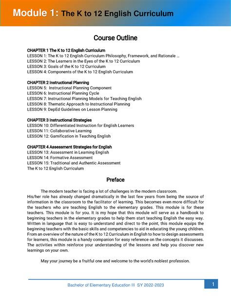 Gs Eng 1 Module 1 Course Outline Chapter 1 The K To 12 English