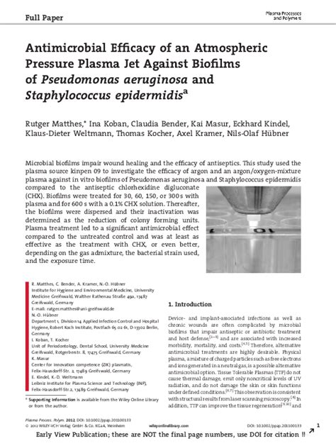 Pdf Antimicrobial Efficacy Of An Atmospheric Pressure Plasma Jet