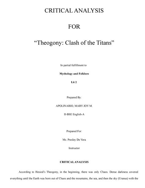 Critical Analysis For Theogony Clash Of The Titans Bs Education